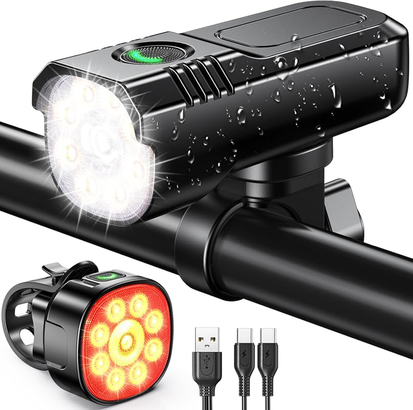 Zewdov High Lumen Bike Lights Set, Front and Rear, Rechargeable, IP65