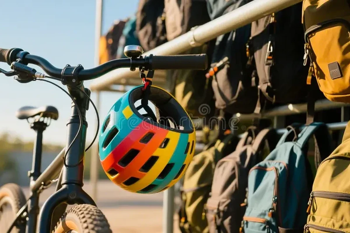 E-bike helmet with mounted front and rear lights for commuter visibility