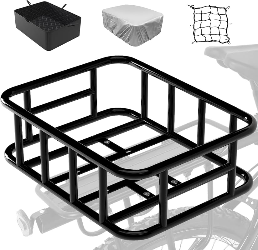 Heavy-Duty Rear Bike Basket with Liner, Cargo Net, and Waterproof Cover for Bikes