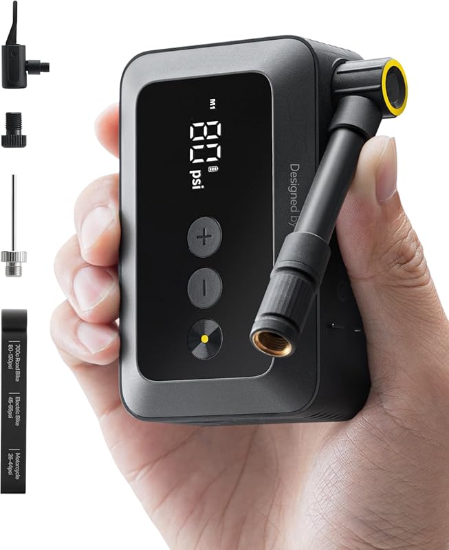 HOTO Mini Bike Tire Pump, 150PSI Fast Electric Inflator with Gauge and Valve Compatibility