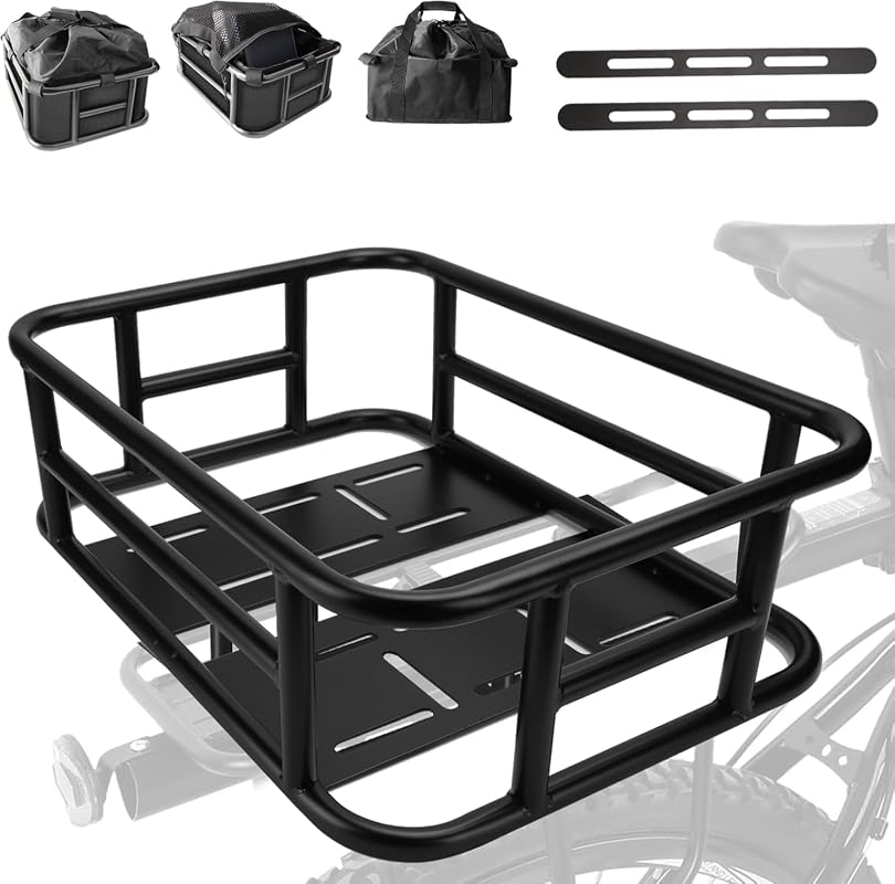 Heavy-Duty Rear Bike Basket with Liner, Waterproof Cover, and Cargo Net for Most Bikes