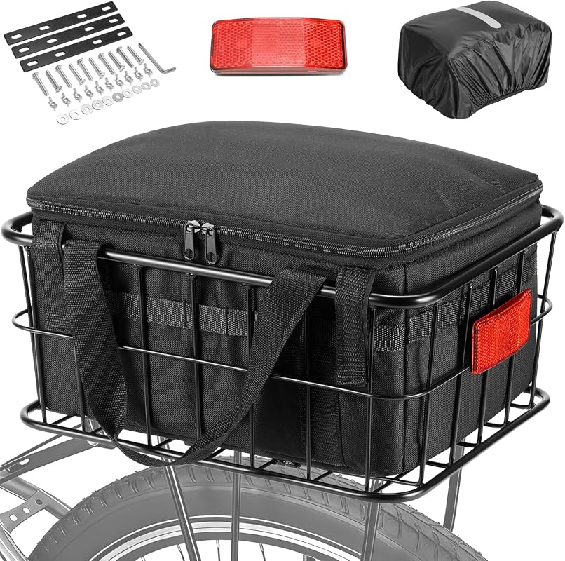 CDYWD Large Rear Bike Basket with Liner, Waterproof Cover, Heavy Metal Cargo Rack