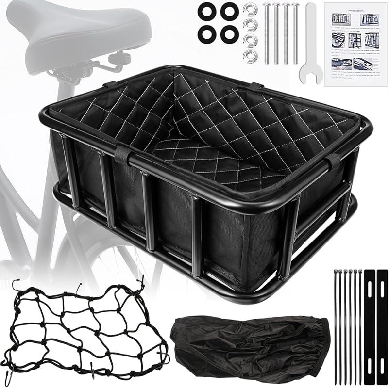 Heavy-Duty Rear Bike Basket with Liner Bag, Waterproof Cover, and Cargo Net