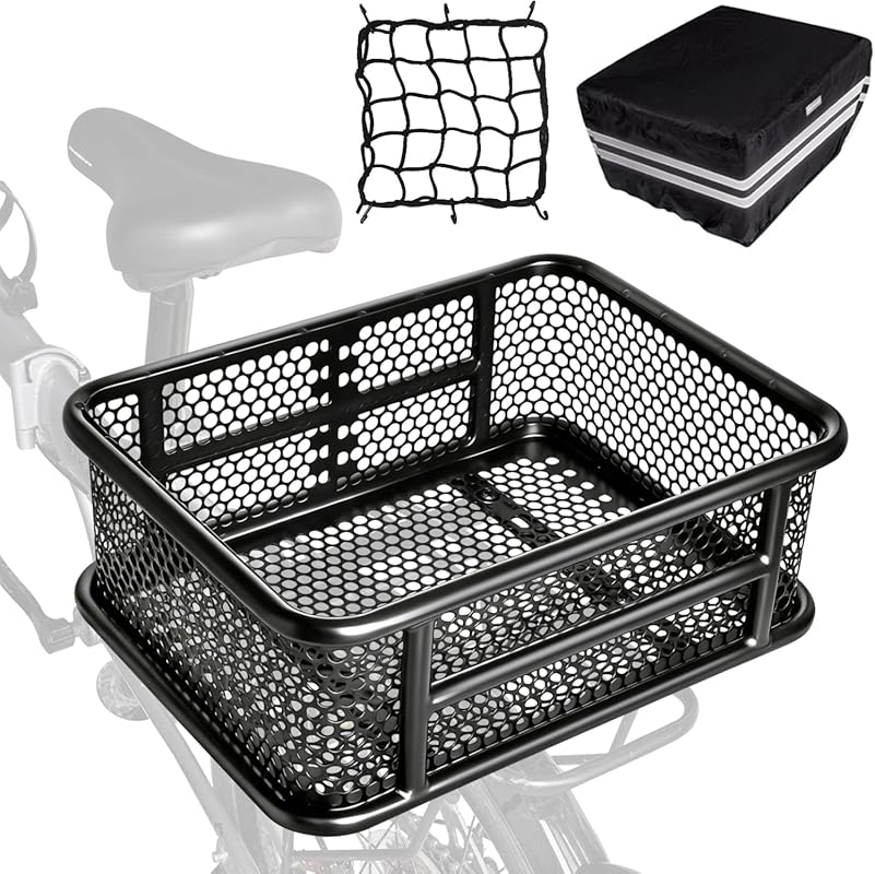 RAYMACE Reflective Rear Bike Basket with Waterproof Cover, Cargo Net, Perforated Design