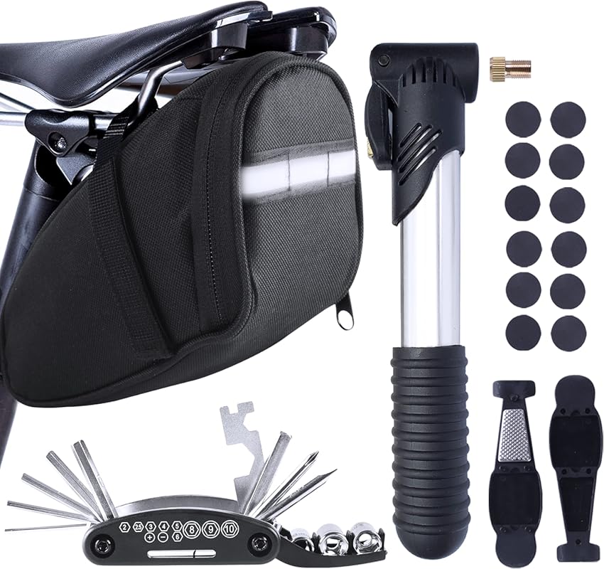 Bike Repair Kit with Saddle Bag, Mini Pump, and Multitool for Adult Road and Mountain Bikes