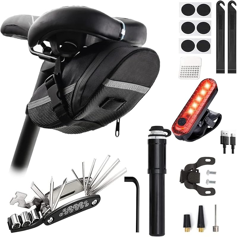 Bike Repair Kit with Mini Pump, Tail Light, 16-in-1 Multitool, and Large Saddle Bag
