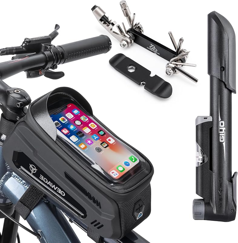 GEWAGE Bike Repair Kit with Phone Mount Bag, Tire Pump, Multitool, and Tyre Lever