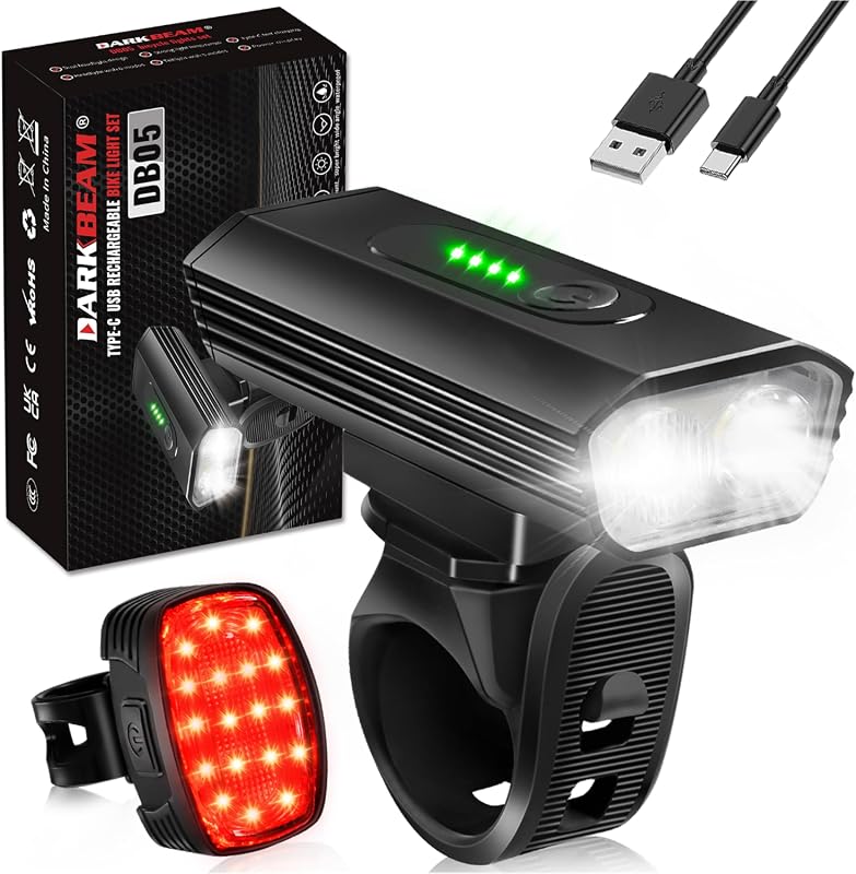 DARKBEAM 4000LM USB-C Rechargeable Bike Headlight and Rear Light Set, Waterproof, 6+5 Modes