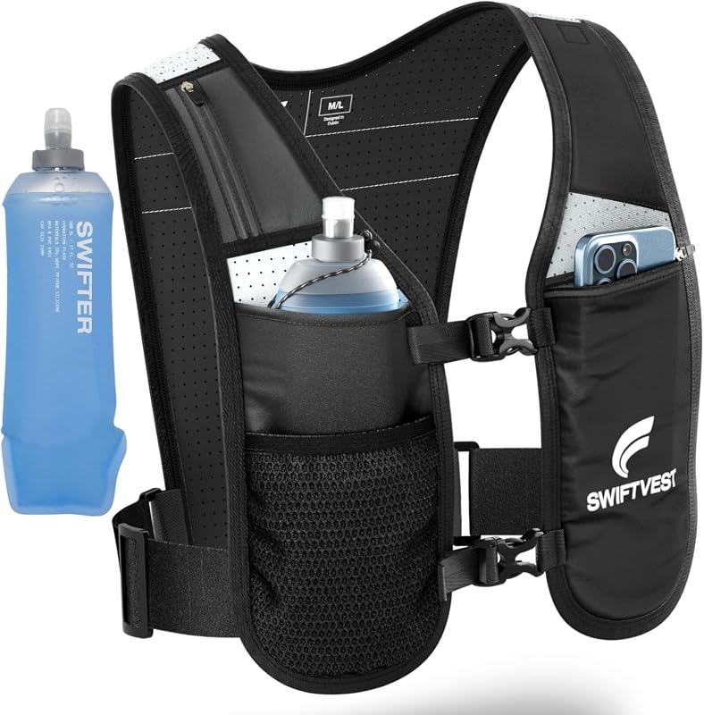 Reflective Running Phone Holder Vest with 500ml Water Bottle and 6 Pockets