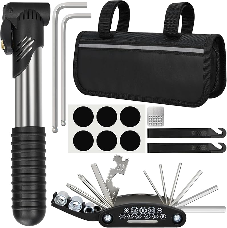 Bike Repair Kit with Tire Pump, 16-in-1 Multitool, Allen Wrenches, and Travel Bag