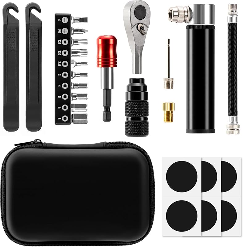 Bike Repair Tool Kit with Mini Pump, 10 Magnetic Bits, and Tire Inflator for Bikes