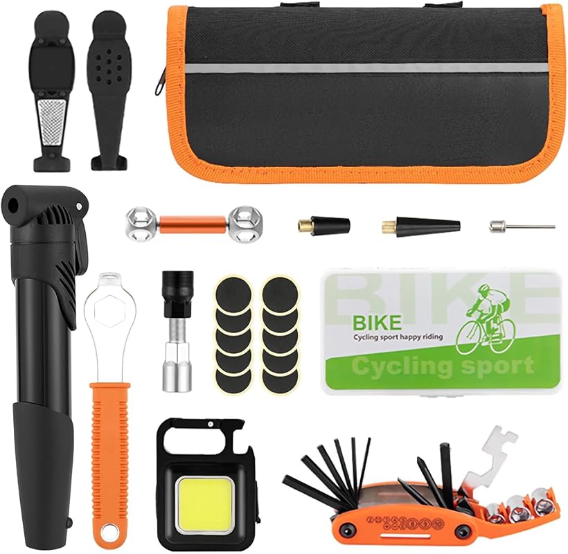 Bike Repair Kit with Mini Pump, LED Light, 16-in-1 Multitool, and Glueless Patches