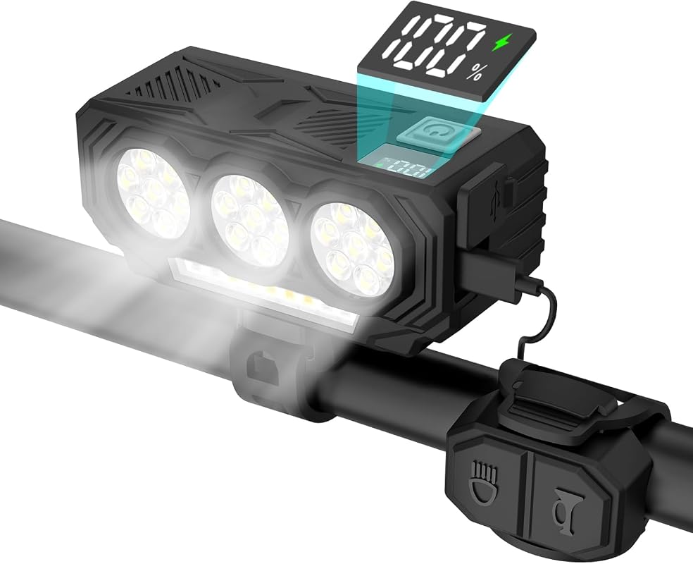 BUCKLOS 21 LED USB/Solar Rechargeable Bike Headlight with Battery Display and Remote Horn
