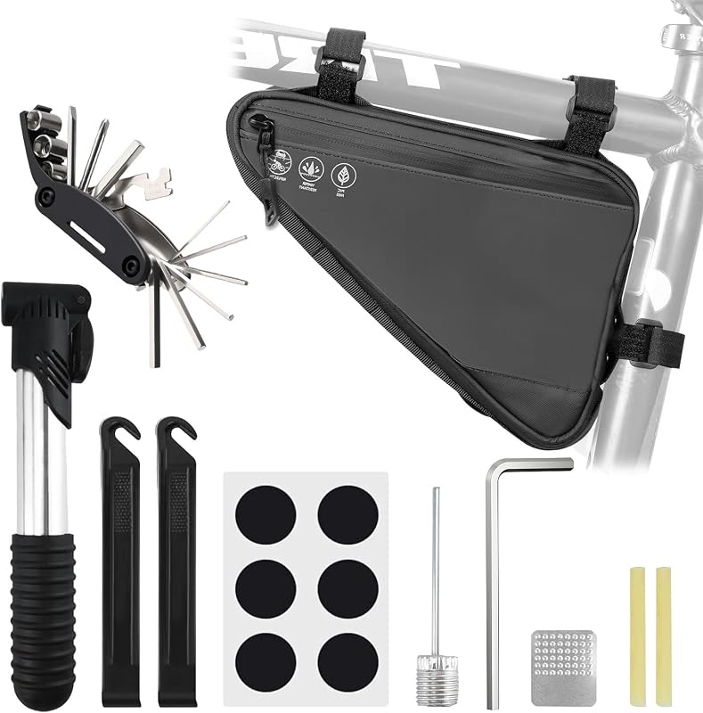 2L Bike Frame Storage Bag with Mini Pump, 16-in-1 Multitool, and Tire Repair Kit
