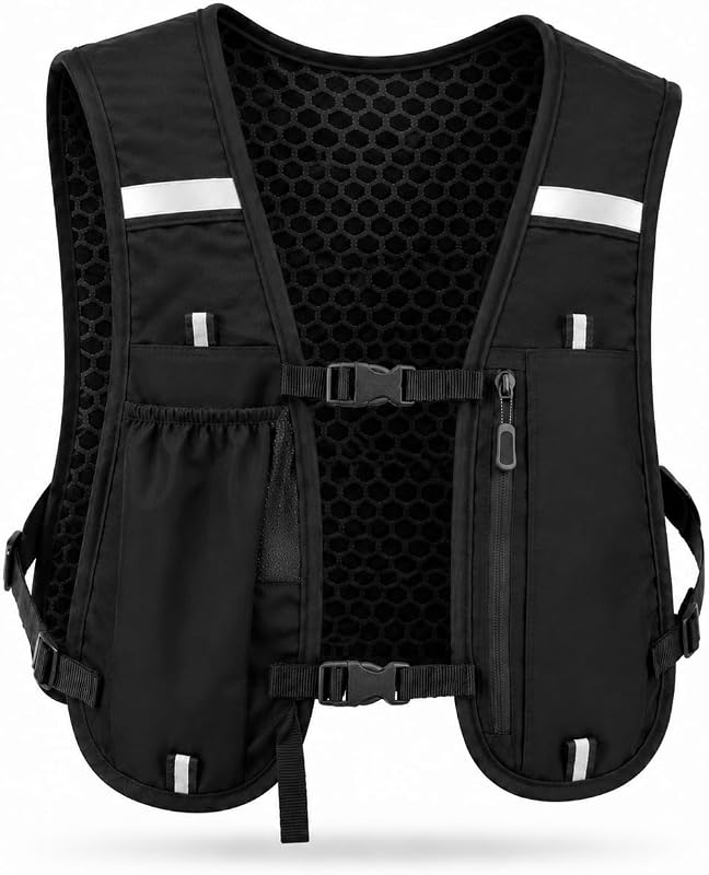 Breathable Reflective Running Hydration Vest with Water Bottle Holder and Zipper Phone Pocket