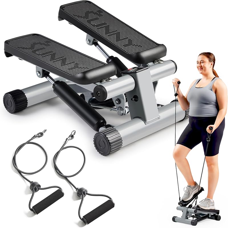 Sunny Health & Fitness Mini Stair Stepper, Hydraulic Cardio Machine with Bands