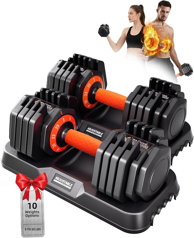 2026 Upgrade Adjustable Dumbbell Set, 25/50 lb Quick-Dial 10-in-1 with Tray